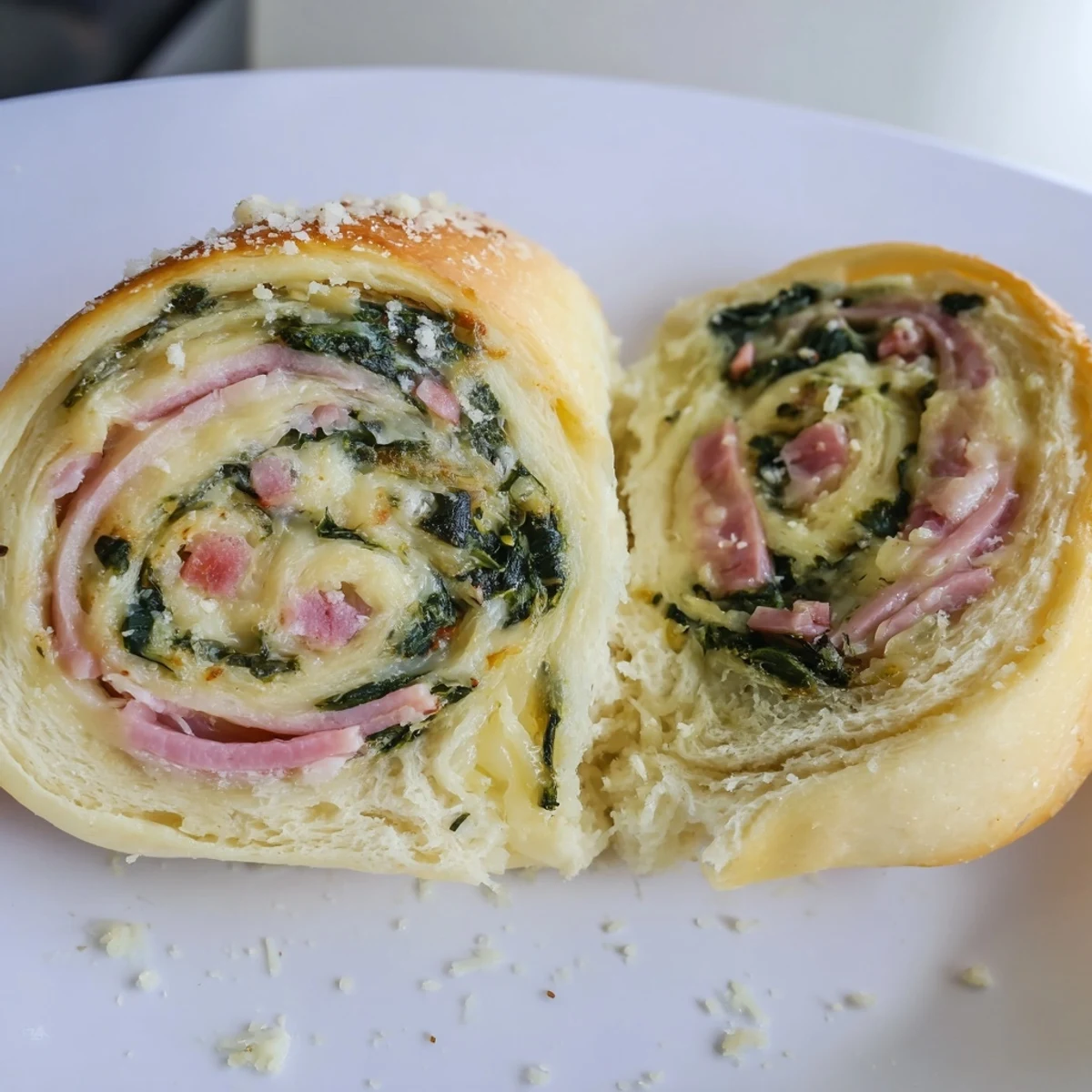 Savory Spinach and Ham Breakfast Rolls on a rustic board beside fresh spinach and ham for brunch.