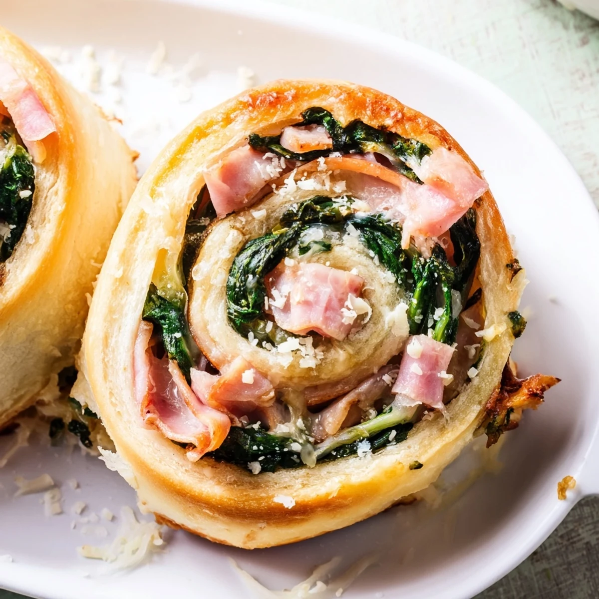 Warm Savory Spinach and Ham Breakfast Rolls on a plate with melted butter glaze ready to serve.