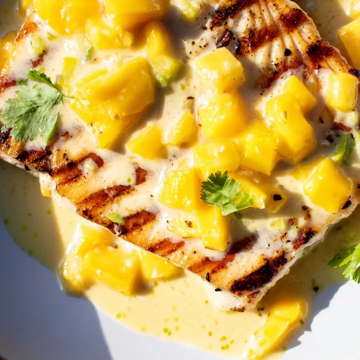 Mahi Mahi Mango Lime Butter Grilled Seafood Delight served with lime wedges and fresh cilantro.