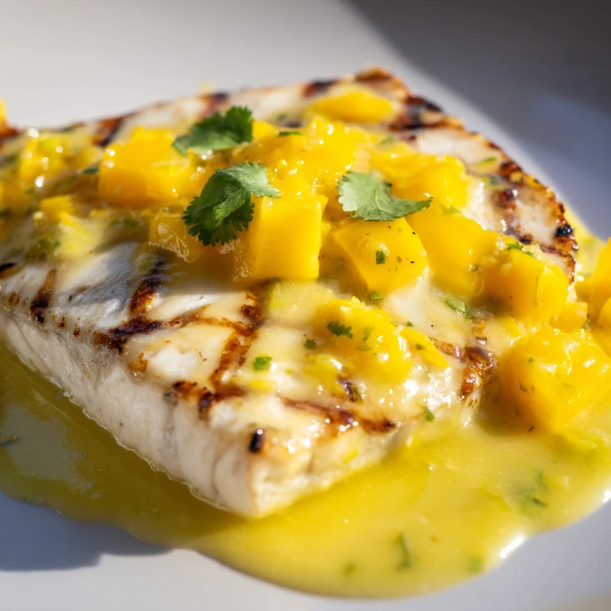Grilled mahi mahi with mango lime butter sauce glistening on a white plate garnished with cilantro.