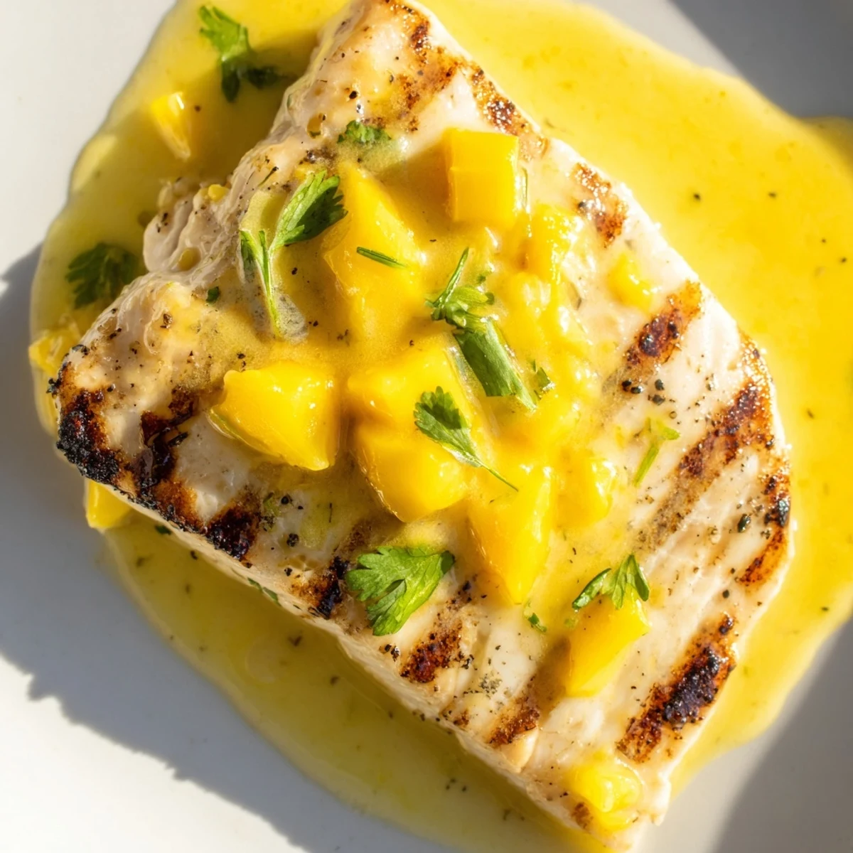 Tropical mahi mahi fillets topped with mango lime butter, perfect for summer grilling and entertaining.