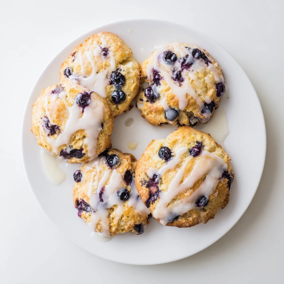 Golden-brown Nakishas Blueberry Biscuits drizzled with sweet vanilla glaze on a rustic wooden table.