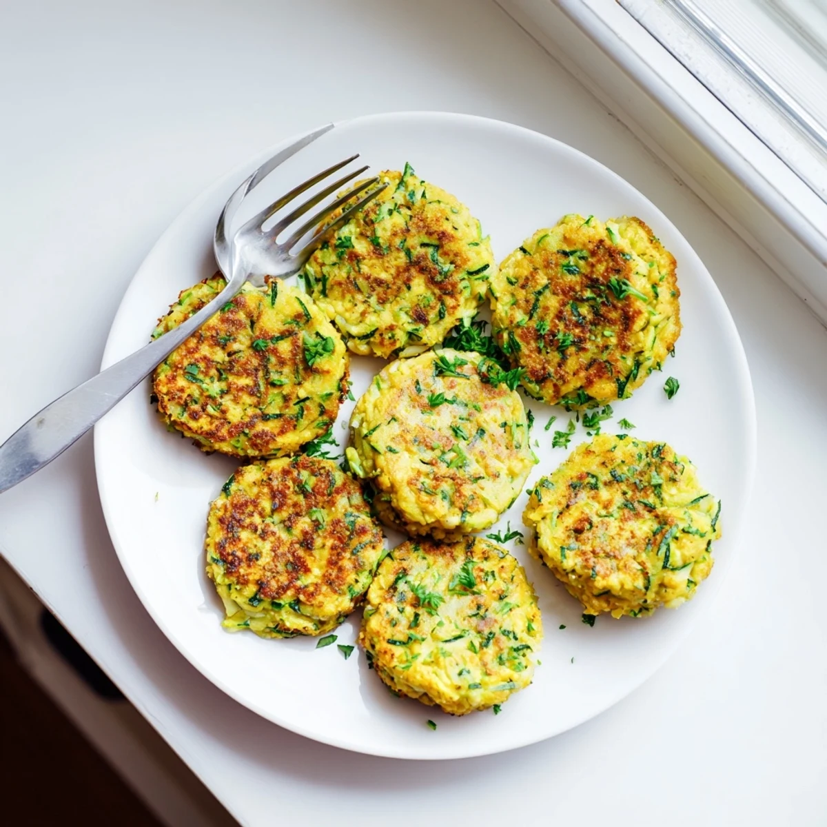 Golden brown, crispy Chickpea Zucchini Fritters are sizzling in a pan, ready to serve as a savory vegetarian appetizer.