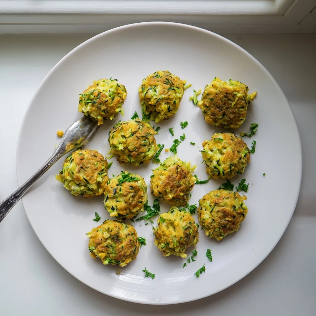 Freshly fried Chickpea Zucchini Fritters rest on a paper towel, showcasing the tender zucchini and chickpea texture inside.