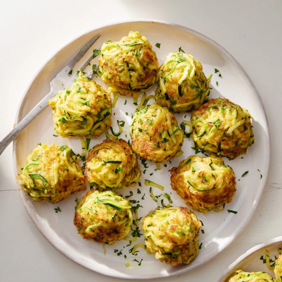 A plate of golden Chickpea Zucchini Fritters paired with a creamy white dipping sauce makes a perfect Mediterranean snack.