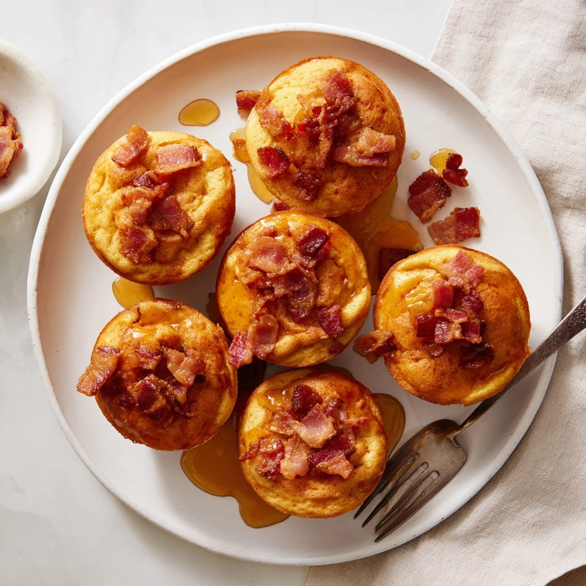 Close-up of Maple Bacon Pancake Muffins with crispy bacon bits and a glossy maple syrup drizzle on a wooden board.  