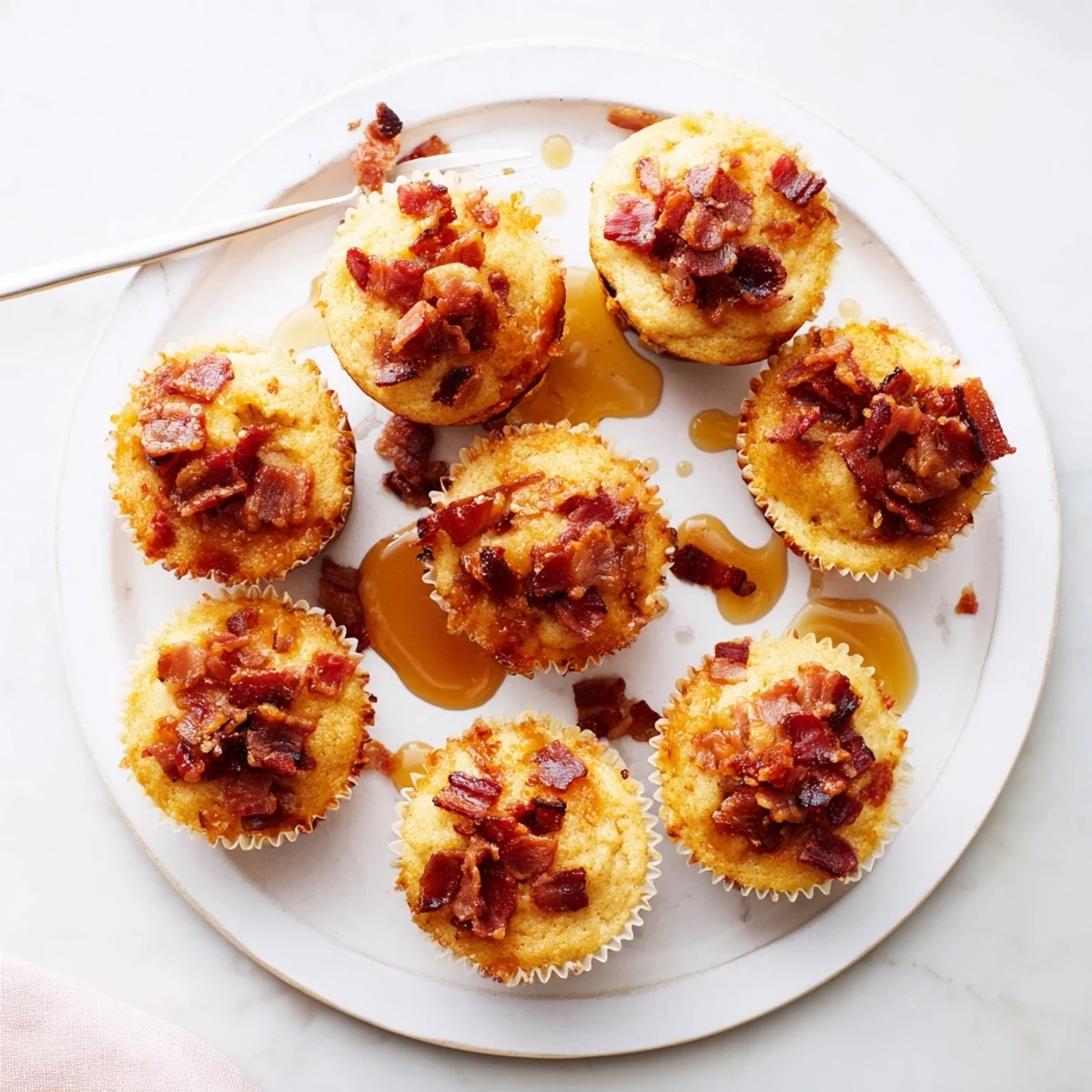 Freshly baked Maple Bacon Pancake Muffins in a muffin tin, showcasing fluffy tops and savory bacon pieces.
