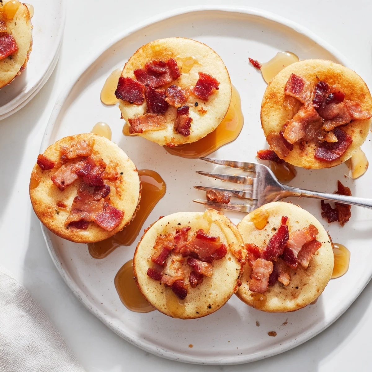 Golden-brown Maple Bacon Pancake Muffins stacked on a white plate, with a coffee mug and fresh berries nearby.  