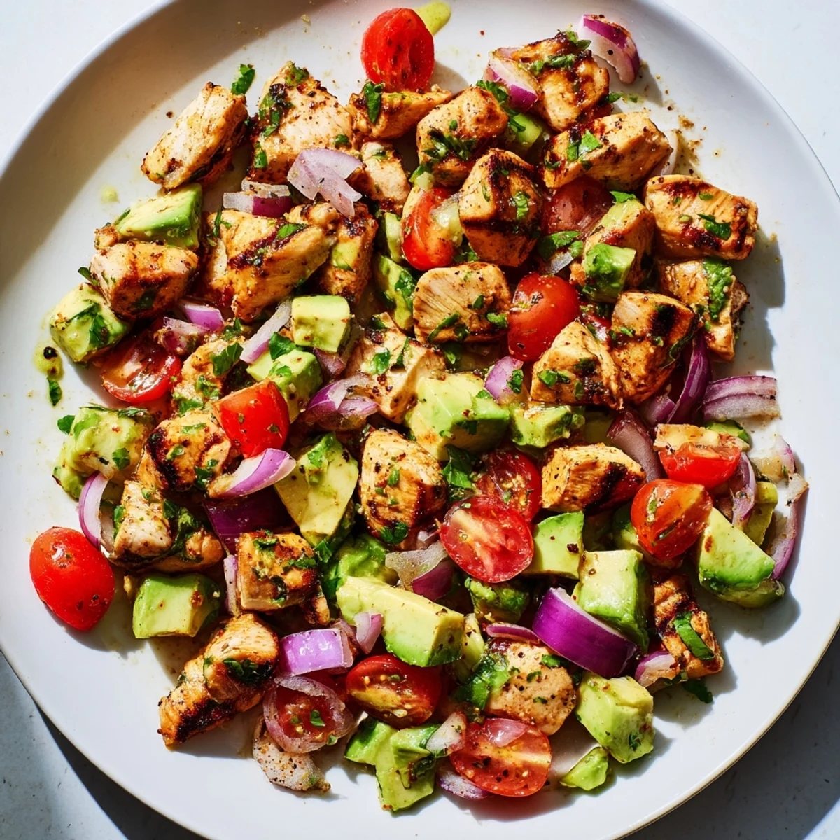Close-up of Avocado Chicken Salad featuring diced grilled chicken, creamy avocado chunks, halved cherry tomatoes, and fresh cilantro on a bed of mixed greens, drizzled with zesty lime dressing.