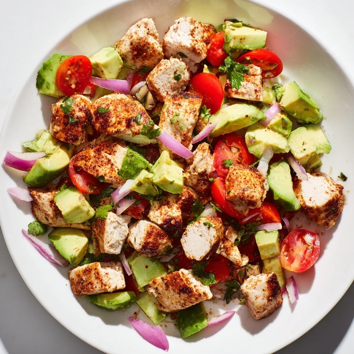 Avocado Chicken Salad with tender smoked paprika chicken breast pieces mixed with crisp cucumber, red onion, and vibrant greens, served in a rustic ceramic bowl.