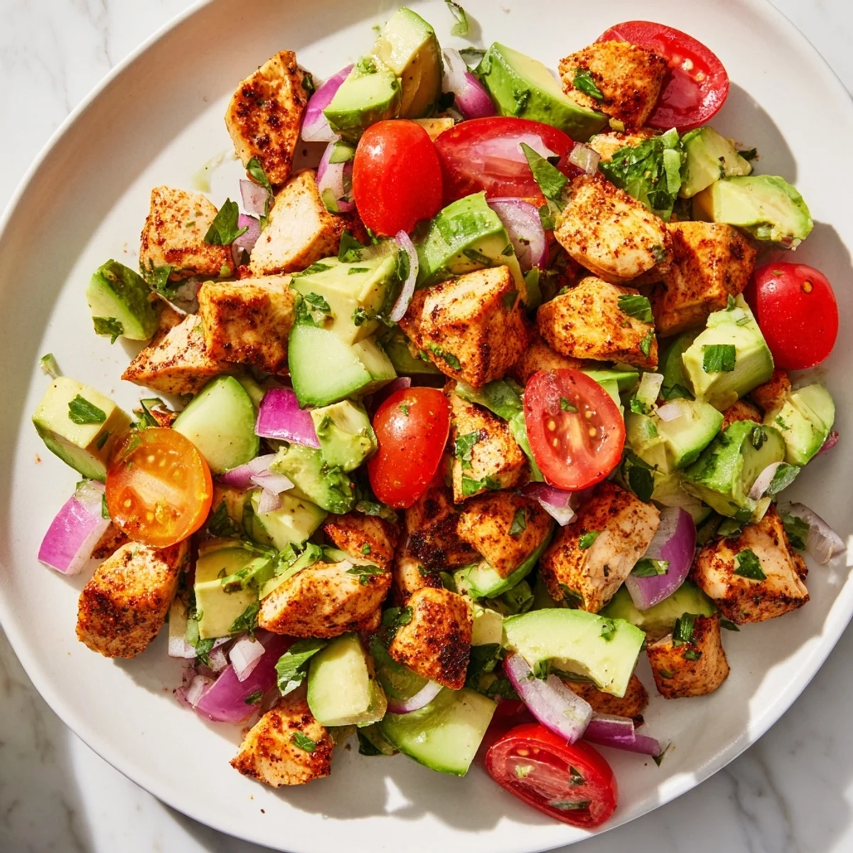 A vibrant serving of Avocado Chicken Salad showcasing juicy chicken, ripe avocado, and cherry tomatoes, garnished with fresh herbs and ready for a light lunch.