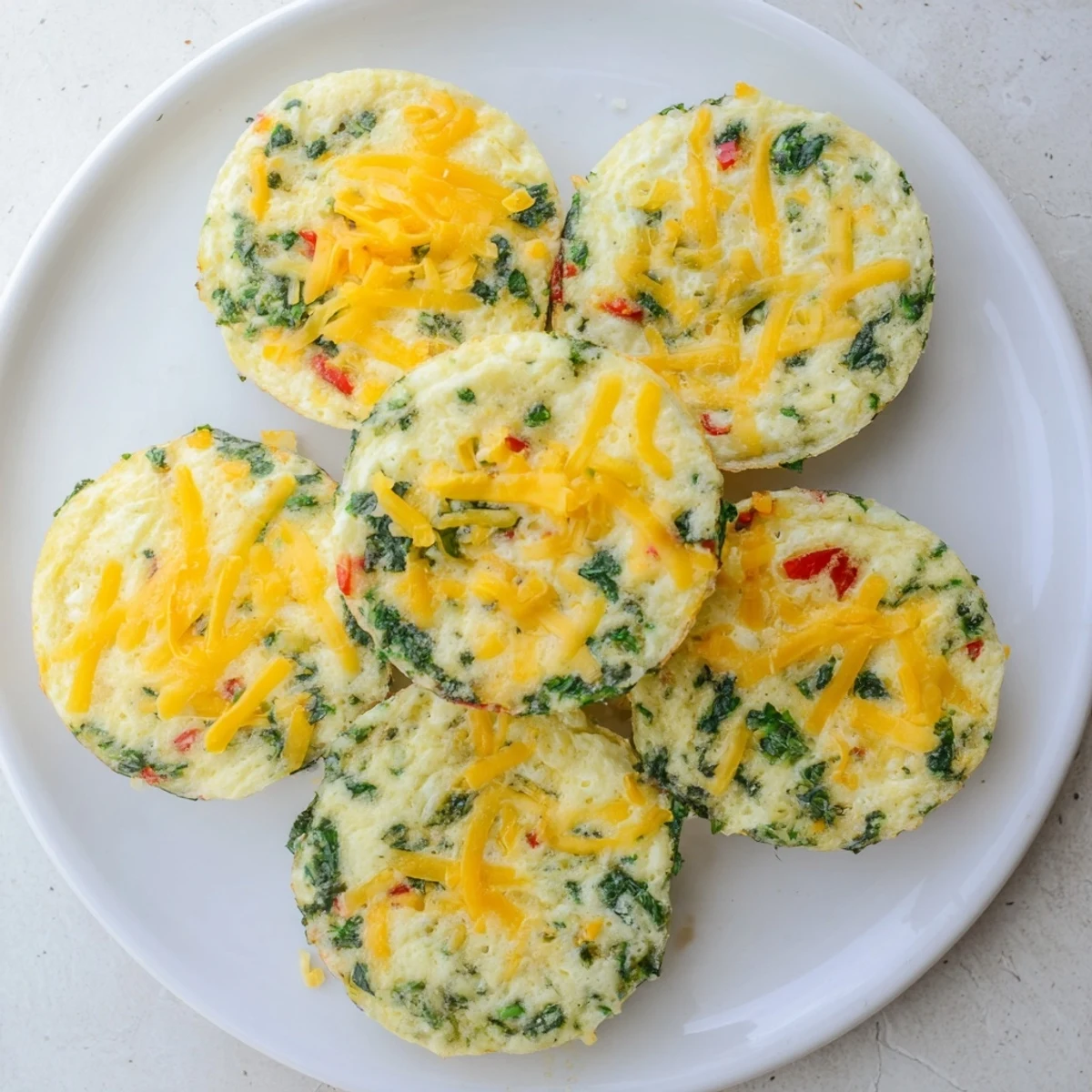 Freshly baked Muffin Tin Cottage Cheese Egg Bites with vibrant spinach and red bell pepper specks, served warm on a rustic wooden board.