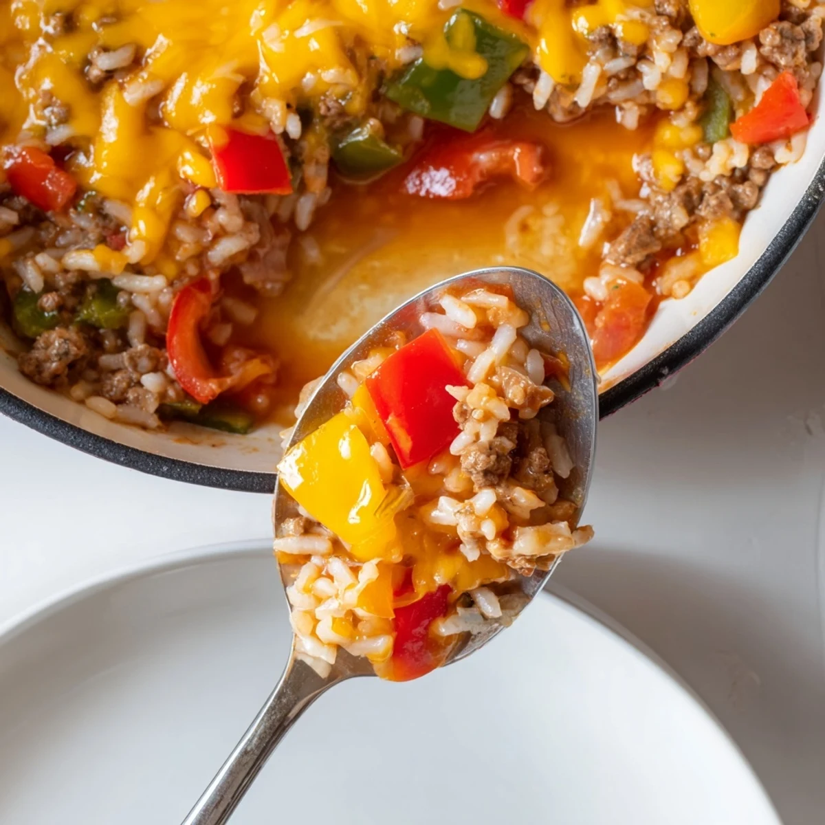 In this skillet, Unstuffed Pepper Skillet shows melted mozzarella over savory beef and rice.
