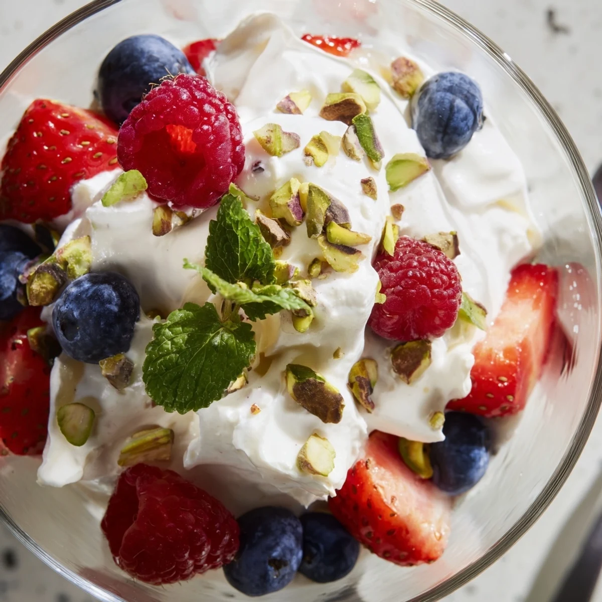 A close-up of Fluffy Yogurt Cloud Dessert with Berries and Cream topped with fresh mint and chopped nuts on a rustic table.