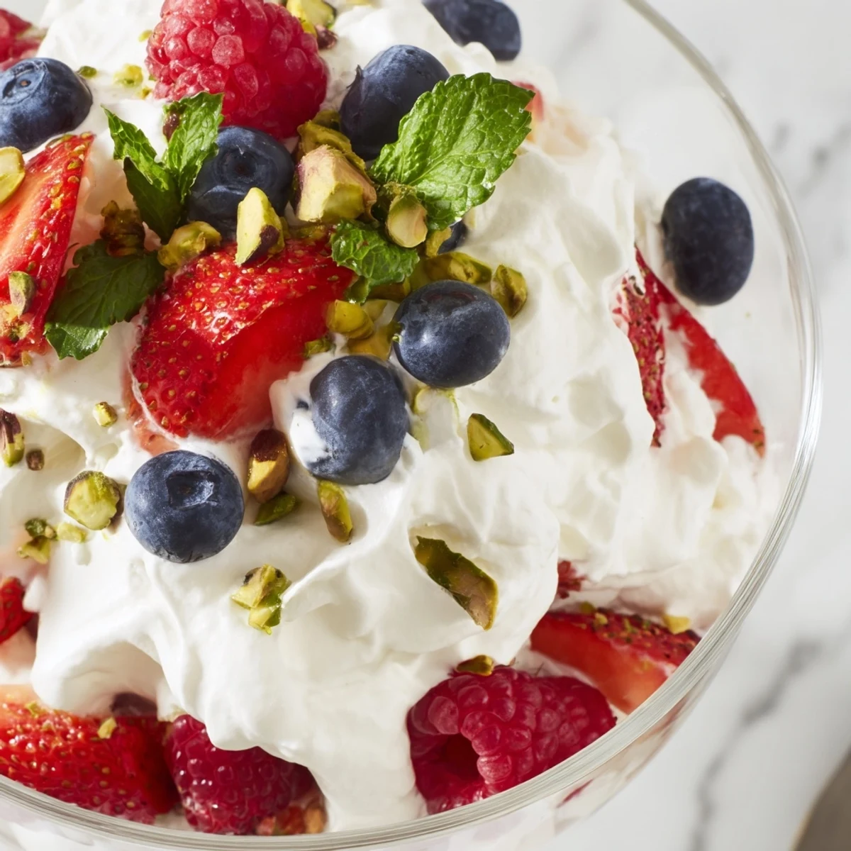 Fluffy Yogurt Cloud Dessert with Berries and Cream layered in a glass, showing creamy white clouds and vibrant red berries.