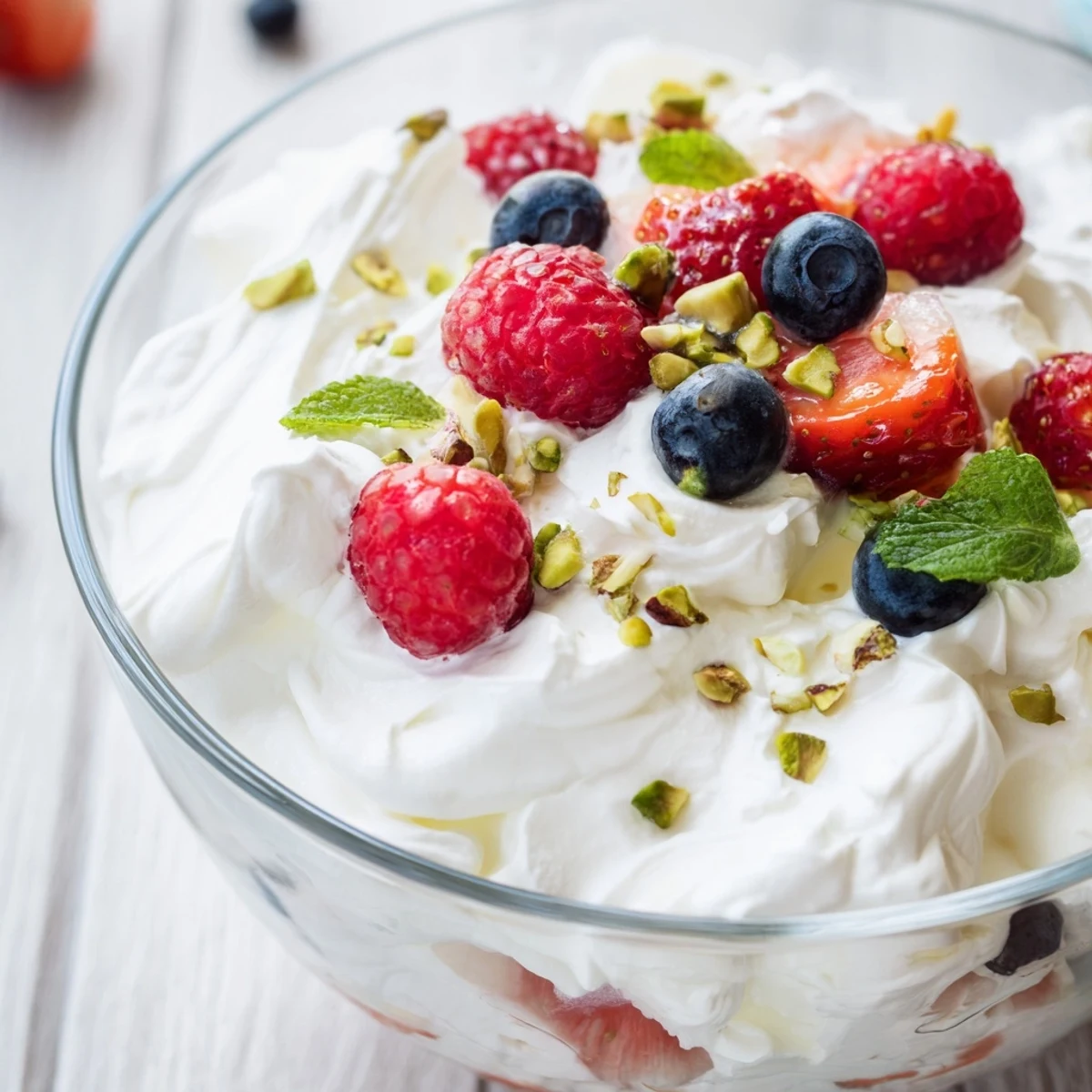 Serving suggestion of Fluffy Yogurt Cloud Dessert with Berries and Cream with a spoon ready to scoop the airy, layered treat.