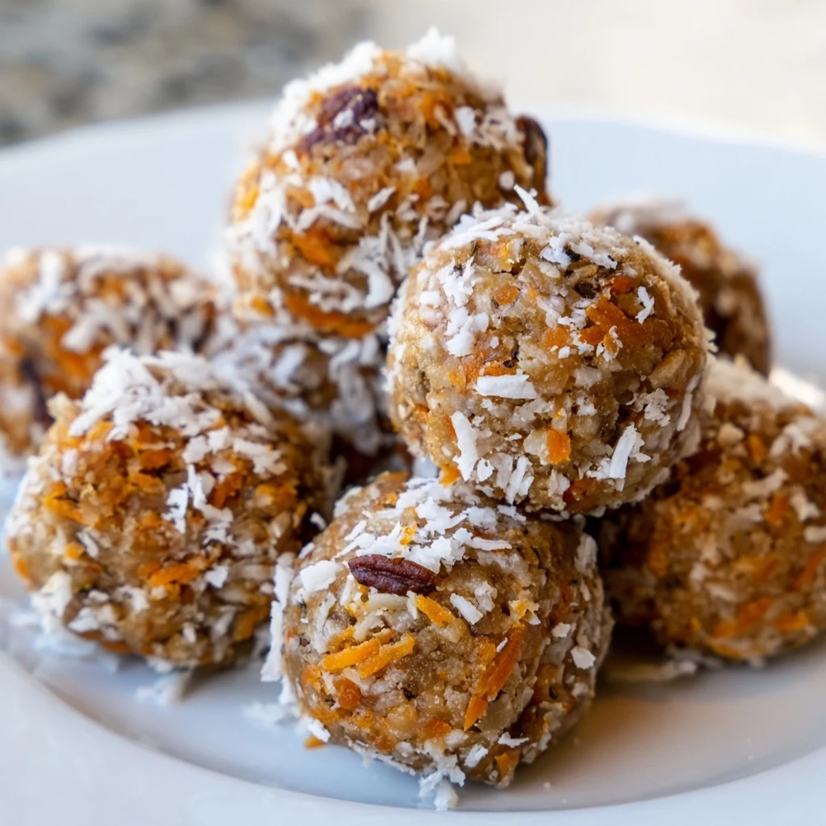 Perfectly round no-bake carrot cake bites rolled in sweet shredded coconut.