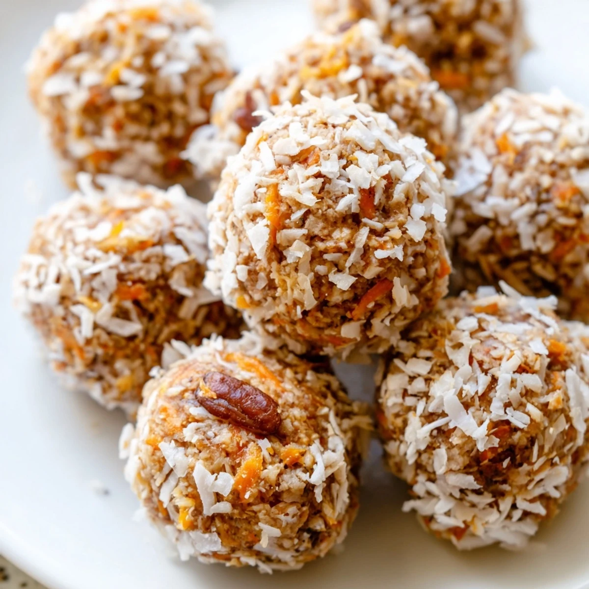 Ready to eat no-bake carrot cake bites on a rustic wooden plate.