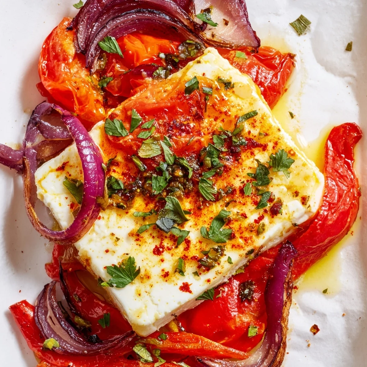 A close-up of baked feta with roasted tomatoes and peppers in a dish, perfect for a Greek appetizer recipe.