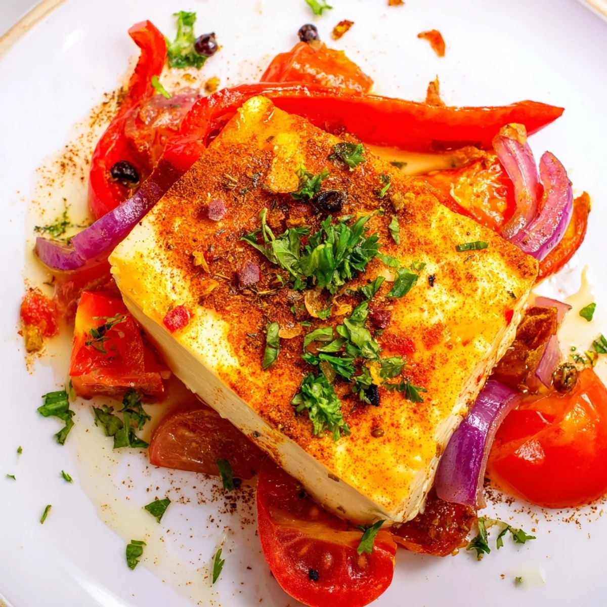 Spicy baked feta garnished with fresh parsley and lemon wedges, served warm as a vegetarian dip for pita.