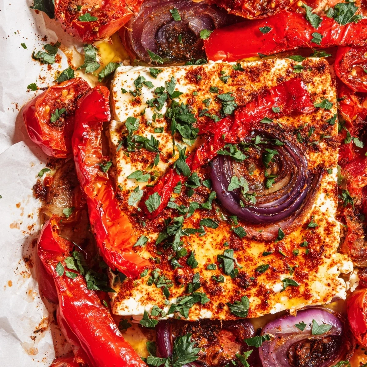 Oven-baked feta with melted cheese edges and tender vegetables, showcasing a quick gluten-free appetizer for weeknight dinners.
