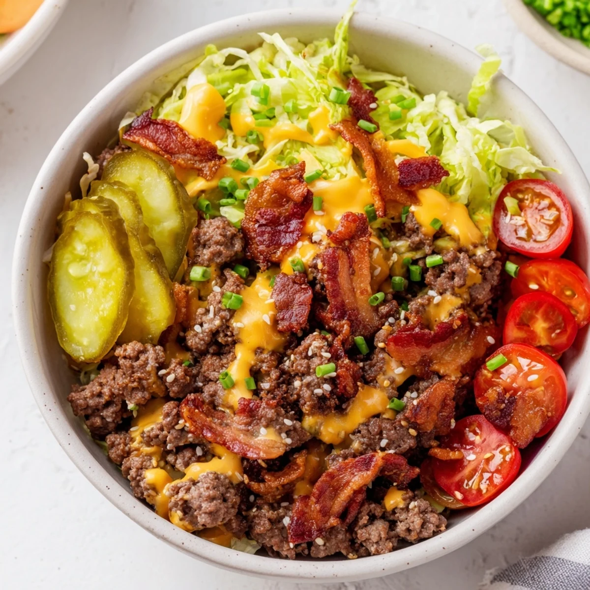 A close-up of a vibrant Smash Burger Bowl with seasoned beef, shredded cheddar, and crisp lettuce on a white plate.
