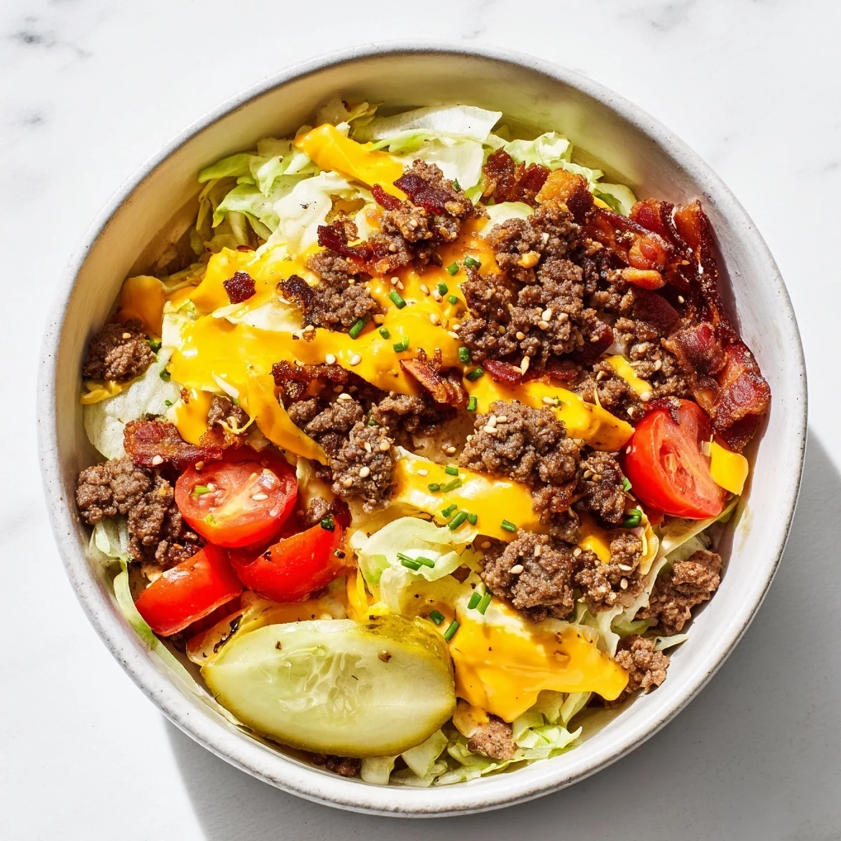 The bold flavors of a Smash Burger Bowl are displayed with tangy pickles, cherry tomatoes, and drizzled Smash Sauce.