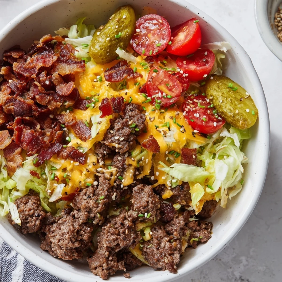 Colorful Smash Burger Bowl topped with sesame seeds, chives, and crumbled bacon, ready for a quick weeknight dinner.