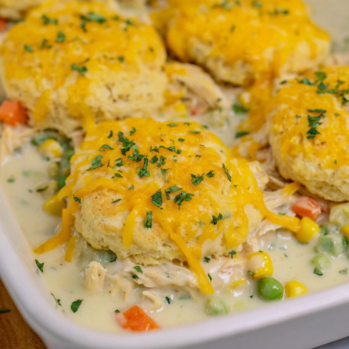 Golden-brown, cheesy Red Lobster Biscuit Chicken Pot Pie emerges from the oven, its bubbling filling visible between the fluffy biscuit crust, ready for a cozy family dinner.
