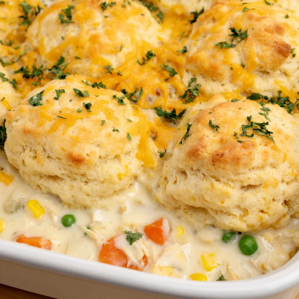 Freshly baked Red Lobster Biscuit Chicken Pot Pie with golden, garlic-herb biscuits resting on a rich, creamy filling in a glass baking dish, steam rising.