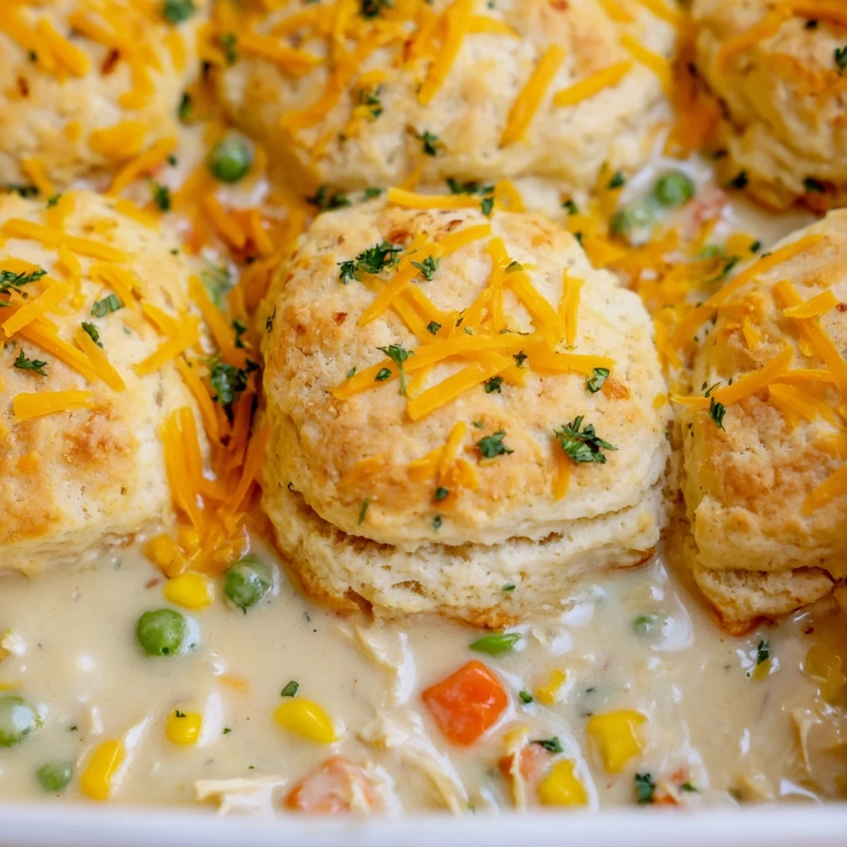 A comforting slice of Red Lobster Biscuit Chicken Pot Pie showcases creamy chicken and vegetables beneath a savory, cheddar-topped biscuit crust, served on a rustic plate.