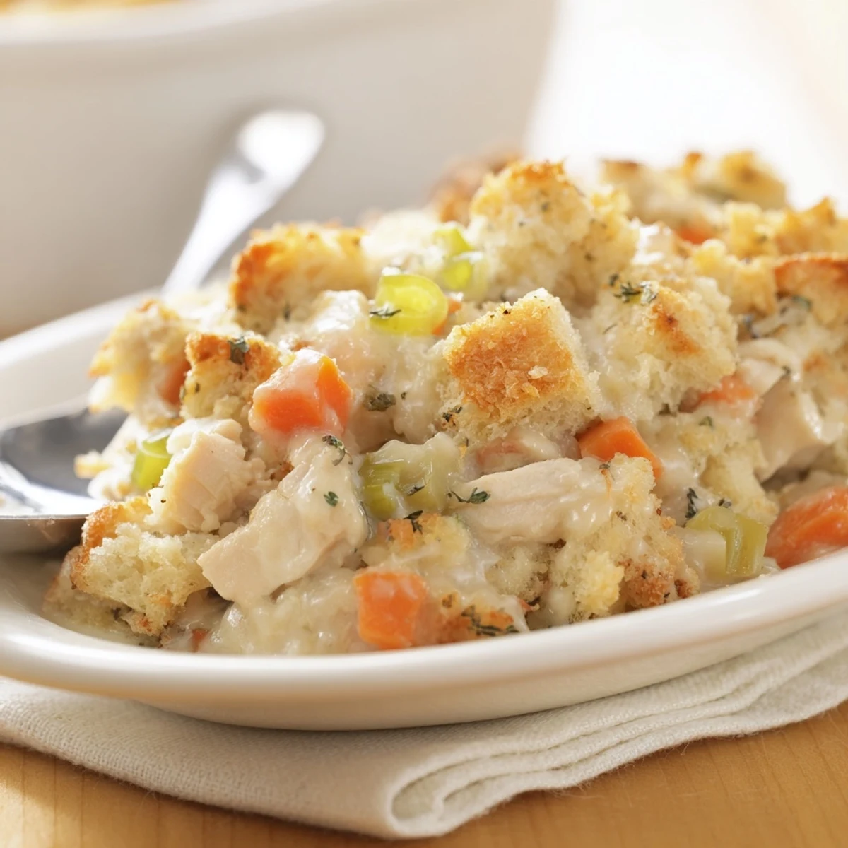Golden-brown Dolly's Chicken Stuffing Casserole emerges from the oven with steam rising from its savory, bubbling edges.