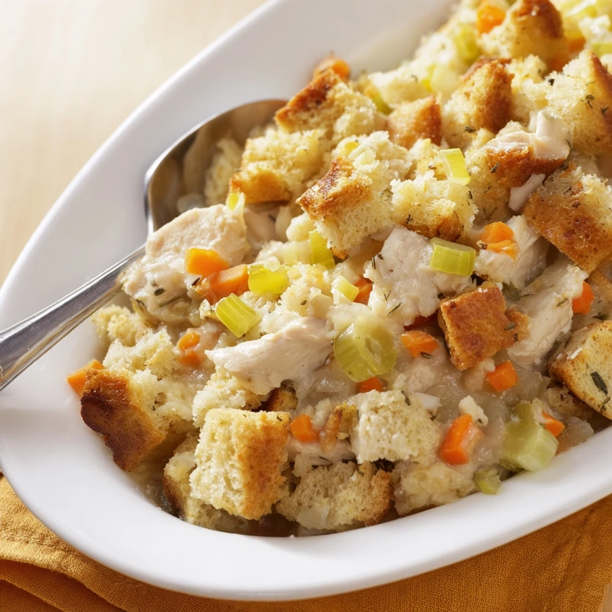 A close-up of Dolly's Chicken Stuffing Casserole shows tender chicken and creamy vegetables peeking through crispy stuffing topping.