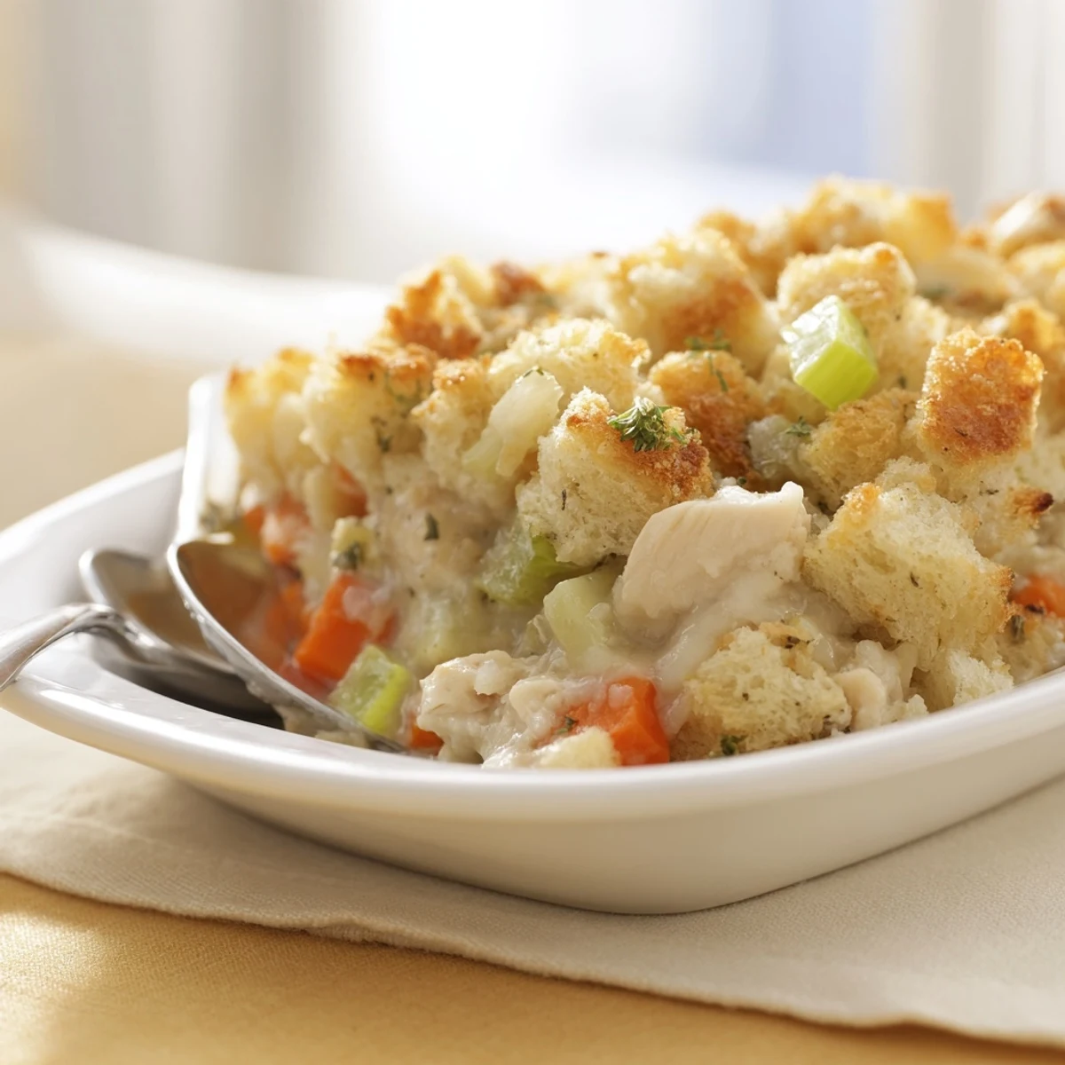 Dolly's Chicken Stuffing Casserole is served warm with a fresh green salad for a comforting family dinner.