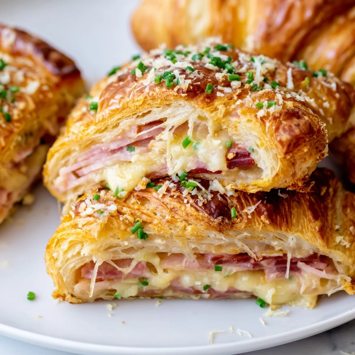 Golden-brown Stuffed Croissants fresh from the oven, filled with melted Gruyère cheese and savory ham.