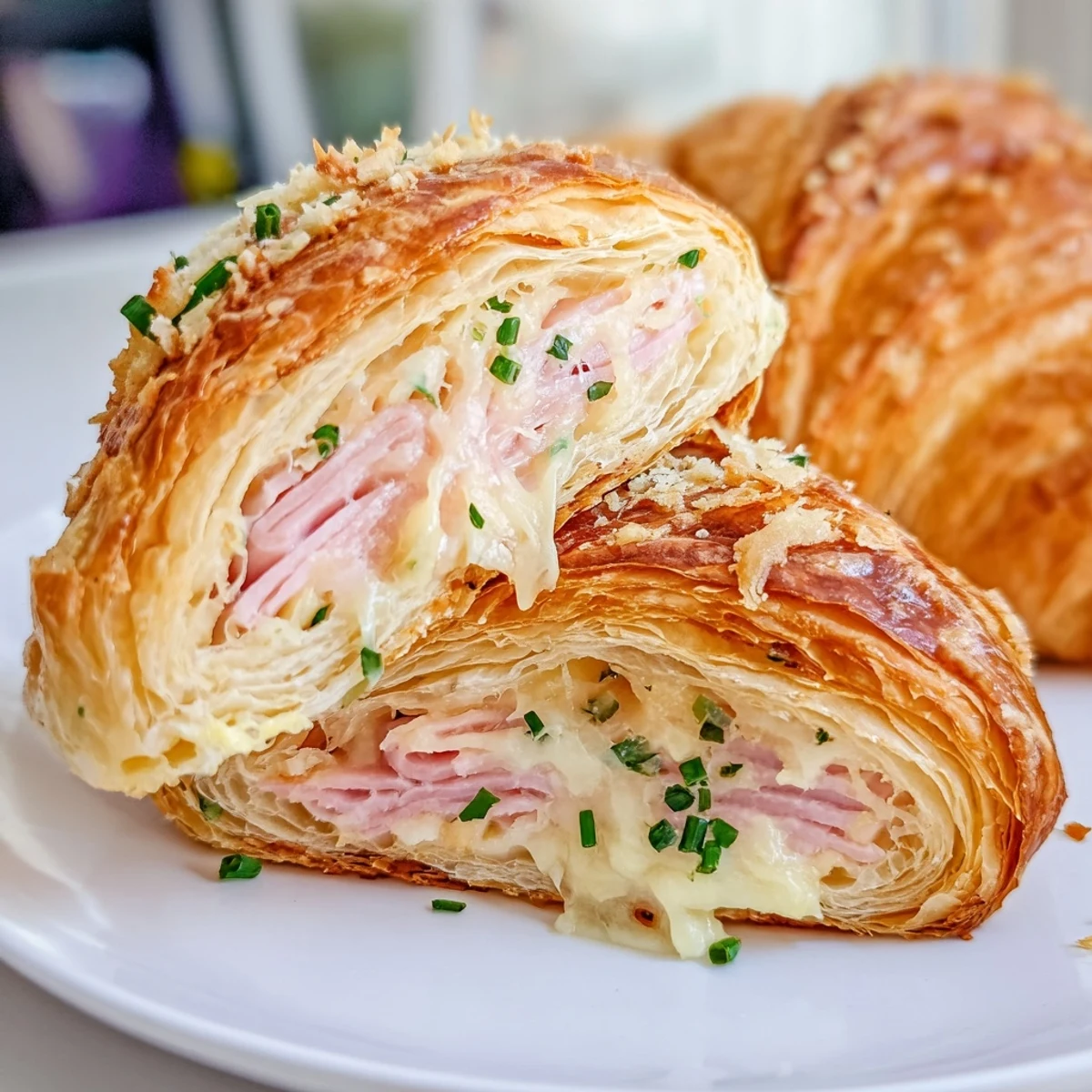 Freshly baked Stuffed Croissants on a marble countertop, served warm with a side of fresh fruit.
