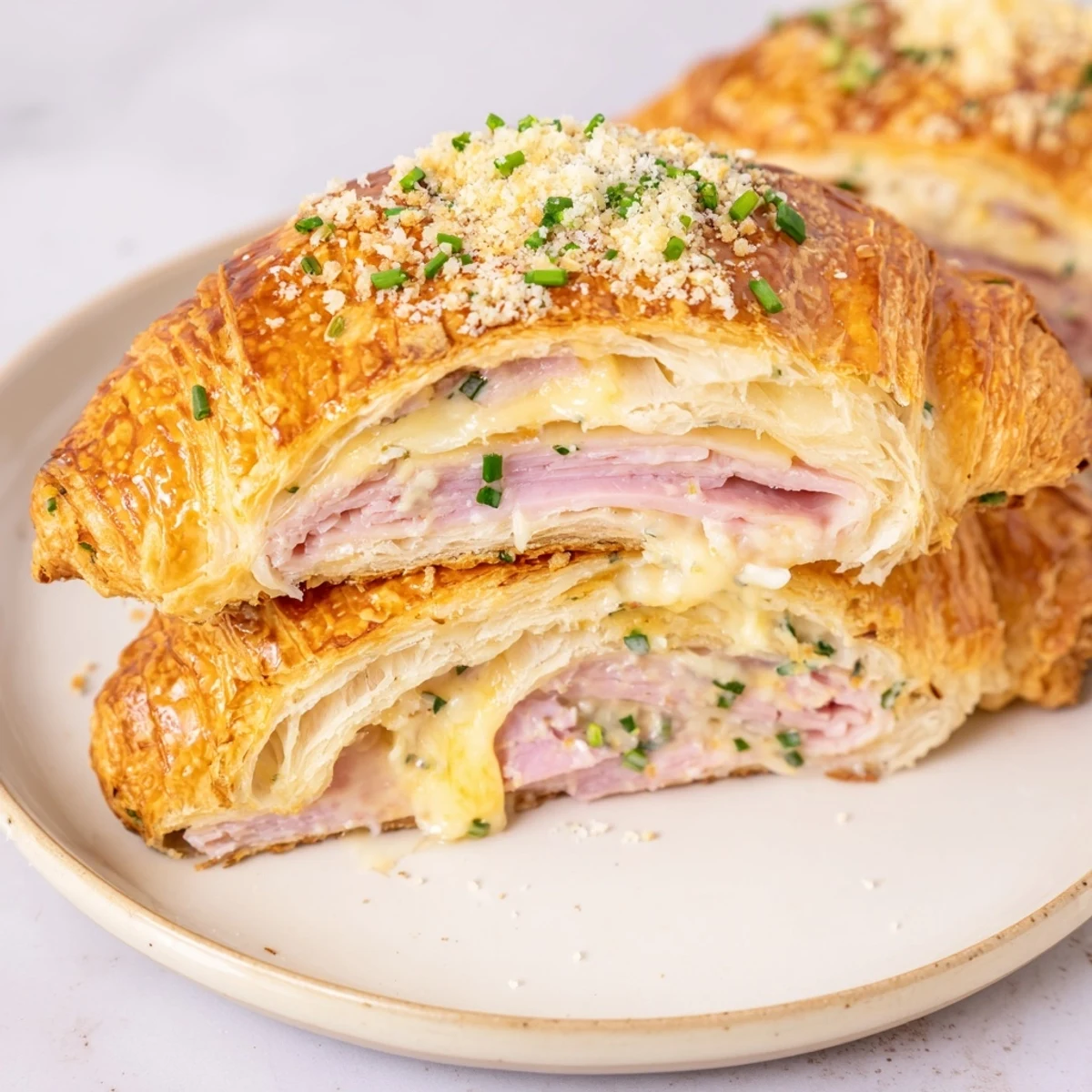 A close-up of Stuffed Croissants showcasing flaky, buttery pastry layers and a rich, cheesy ham filling.