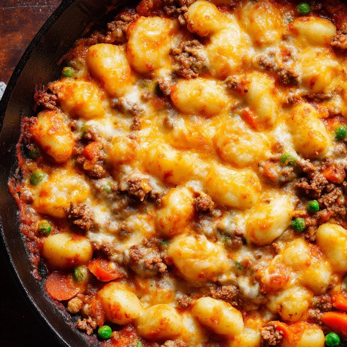 Golden-brown, cheesy Quick Gnocchi Shepherds Pie bubbling in a skillet, served steaming hot for a comforting weeknight dinner.