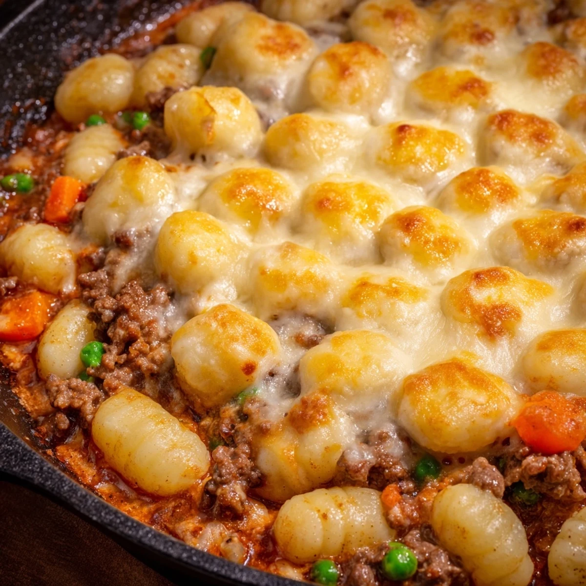 Hearty Quick Gnocchi Shepherds Pie with tender gnocchi, ground beef, peas, and melted cheddar cheese.