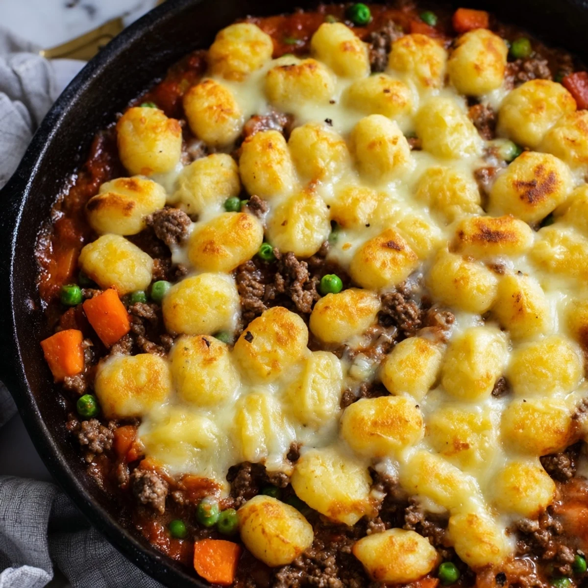 Homestyle Quick Gnocchi Shepherds Pie garnished with fresh thyme, ready to serve with a green salad.