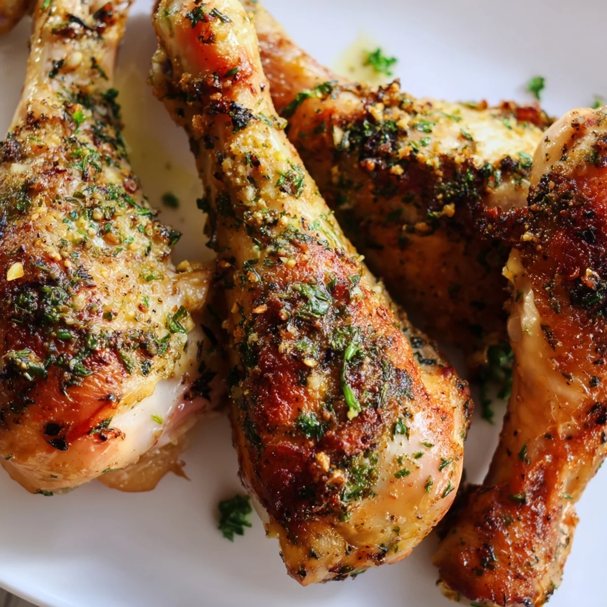 Golden-brown Herb Roasted Chicken Drumsticks with crispy skin sit on a baking sheet garnished with fresh parsley and lemon wedges.