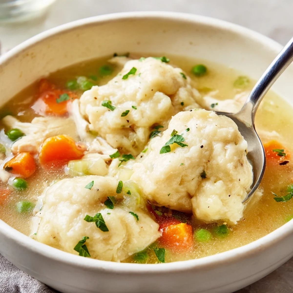 The rustic Dutch oven pot sits on a wooden table, brimming with One Pot Chicken Dumpling Soup and steam rising from the hearty vegetable-filled broth.