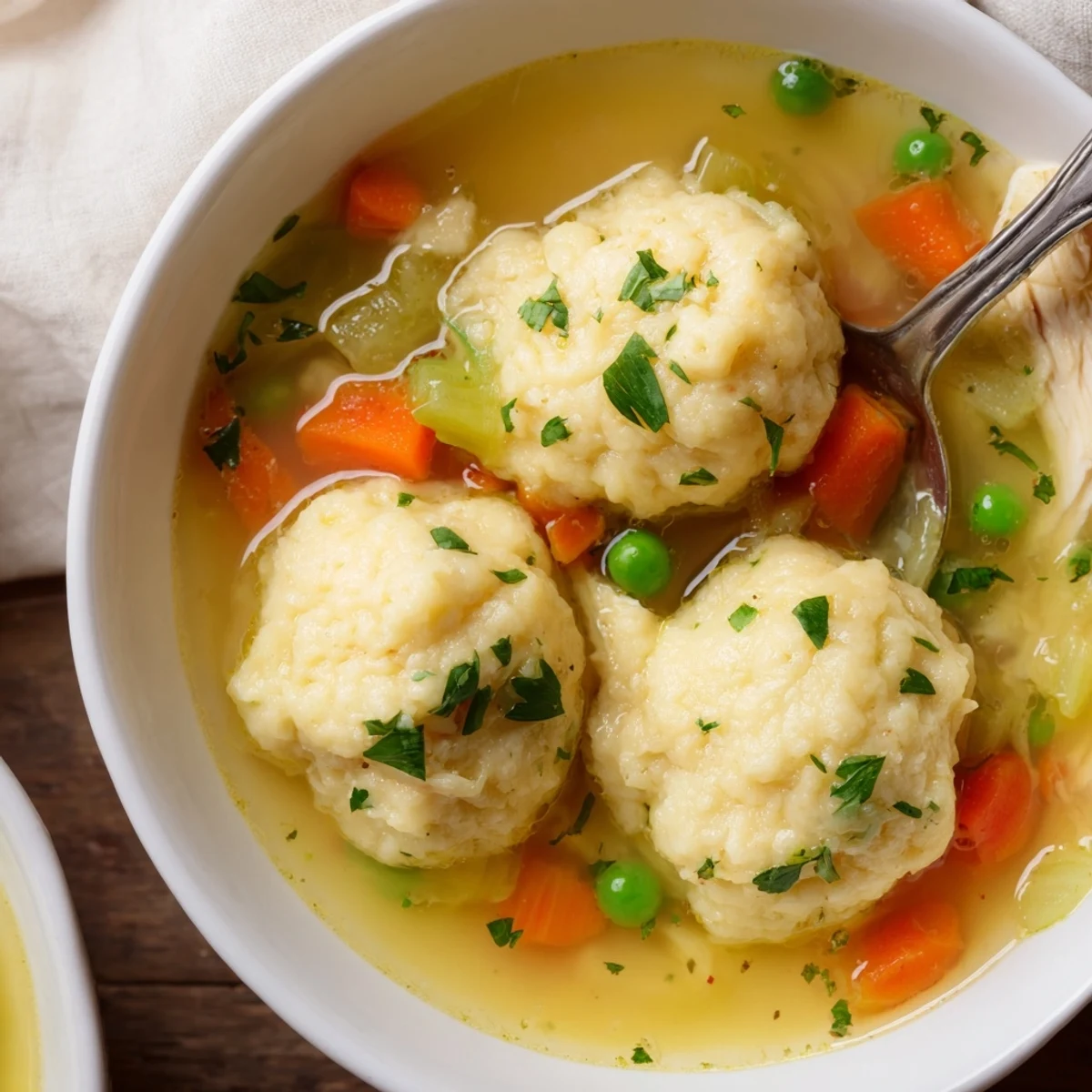 A close-up view of One Pot Chicken Dumpling Soup in a white bowl, featuring fluffy dumplings and tender chicken pieces in a golden broth garnished with parsley.