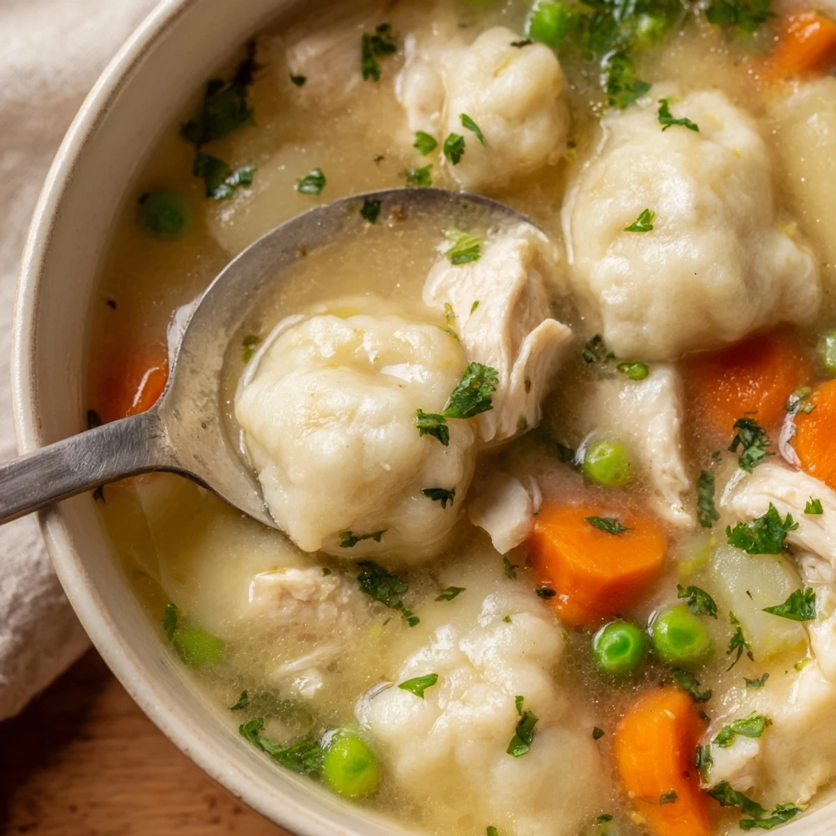 A spoon dips into a bowl of One Pot Chicken Dumpling Soup, revealing soft dumplings, bright green peas, and shredded chicken swimming in a savory broth.