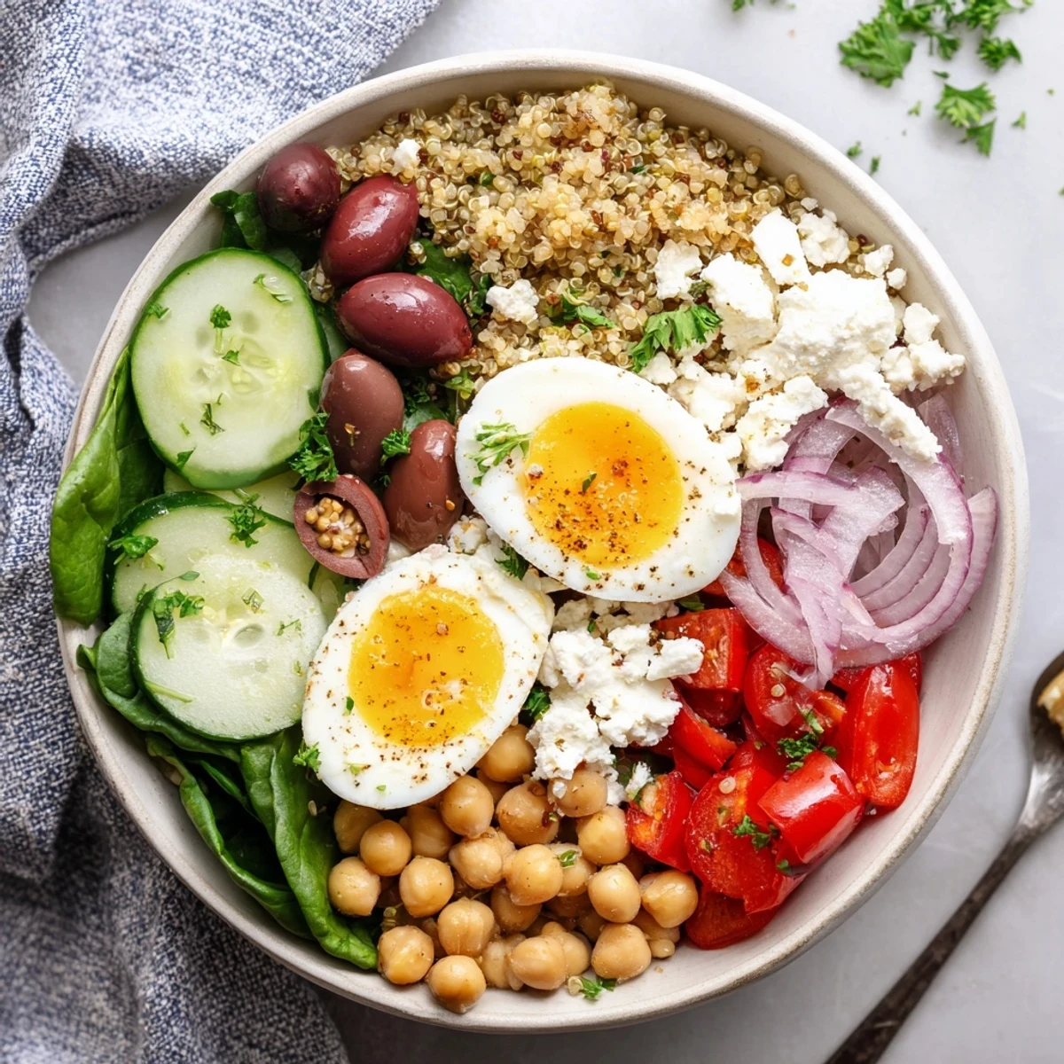 Serving suggestion for High Protein Mediterranean Breakfast Bowls featuring halved eggs, diced cucumbers, tomatoes, and parsley, ready to enjoy.