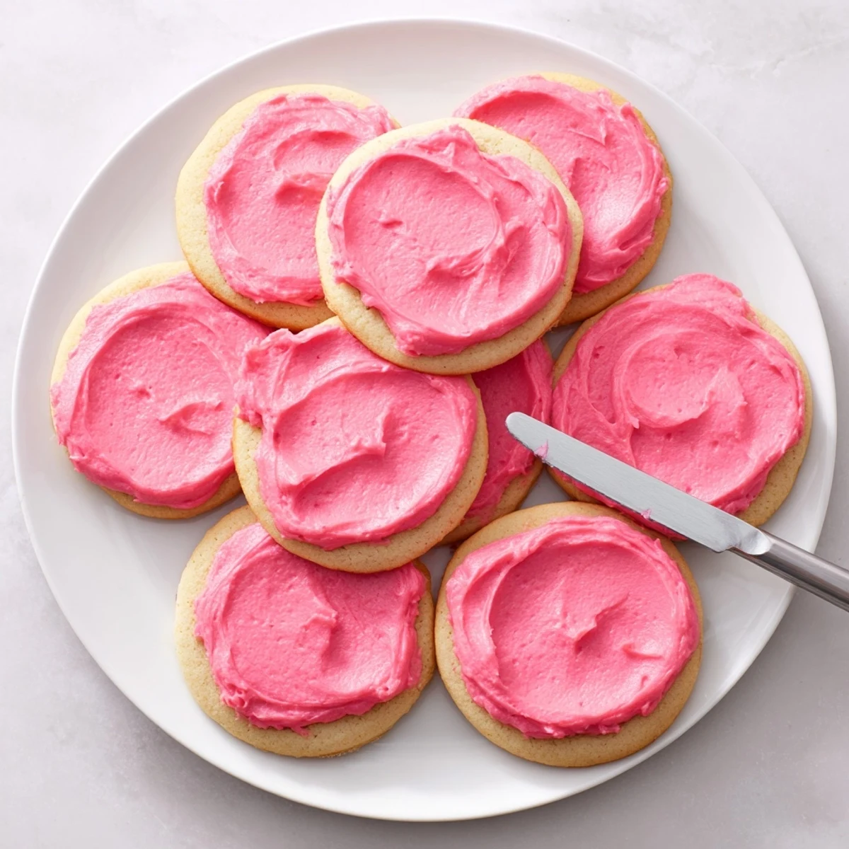 Freshly baked Crumbl Pink Sugar Cookies cooling on a wire rack with glossy pink almond frosting.
