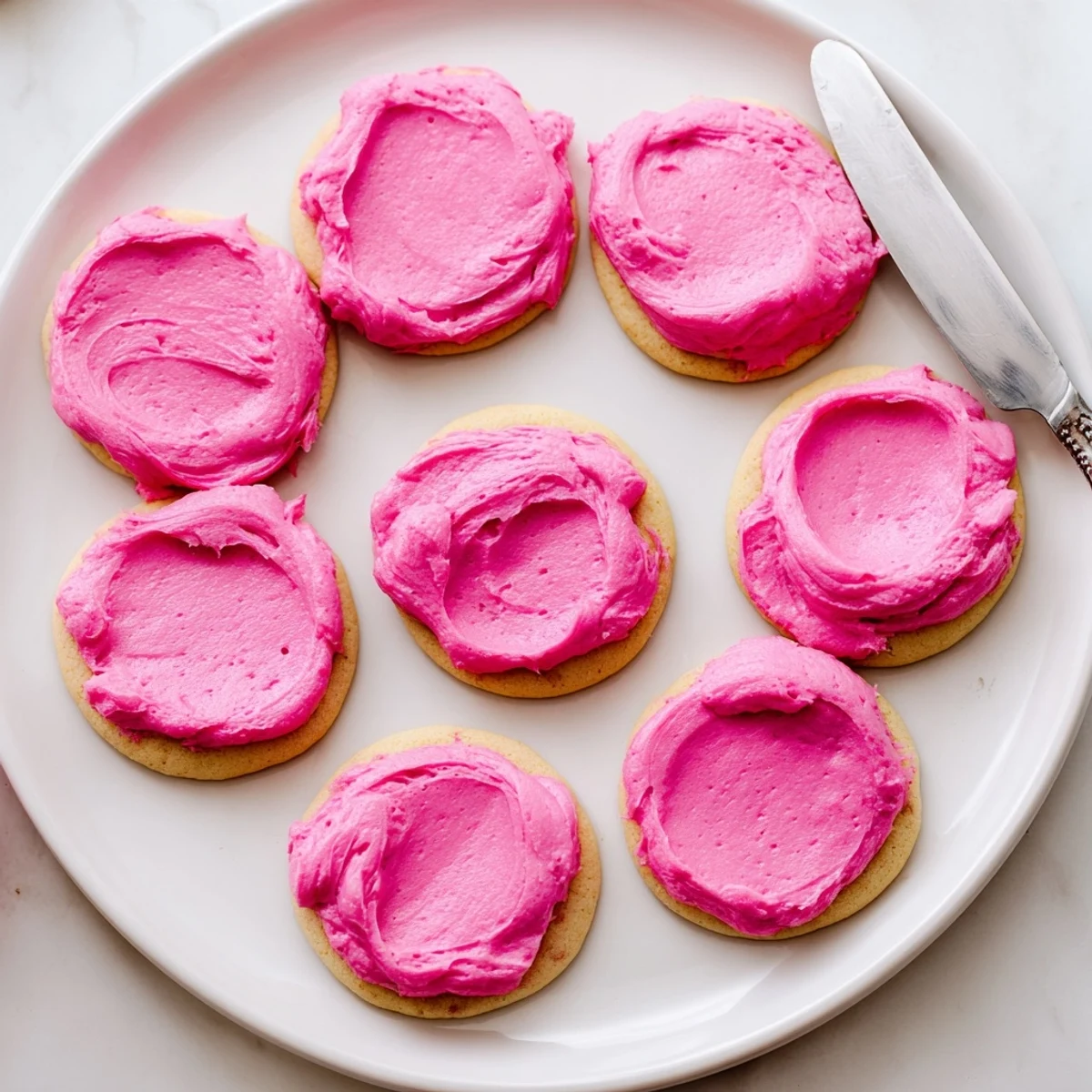 A close-up view of a Crumbl Pink Sugar Cookie showing a thick, soft base and smooth pink frosting.