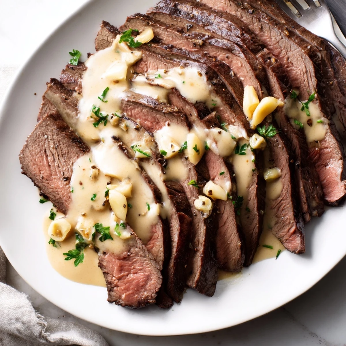 Juicy sliced flank steak draped in creamy roasted garlic sauce, served warm on a rustic plate.
