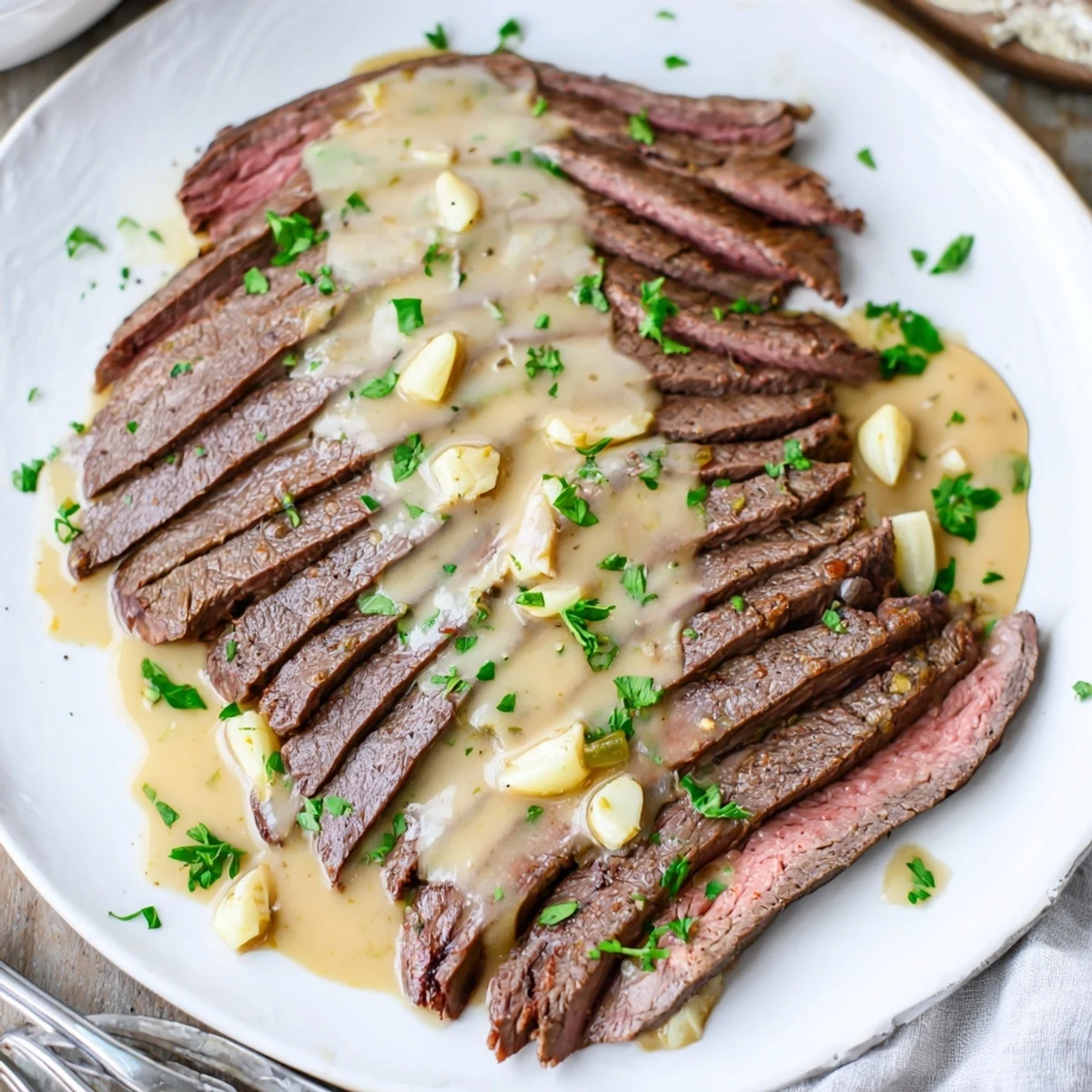 Flank steak with roasted garlic sauce arranged next to golden roasted potatoes and fresh parsley garnish.
