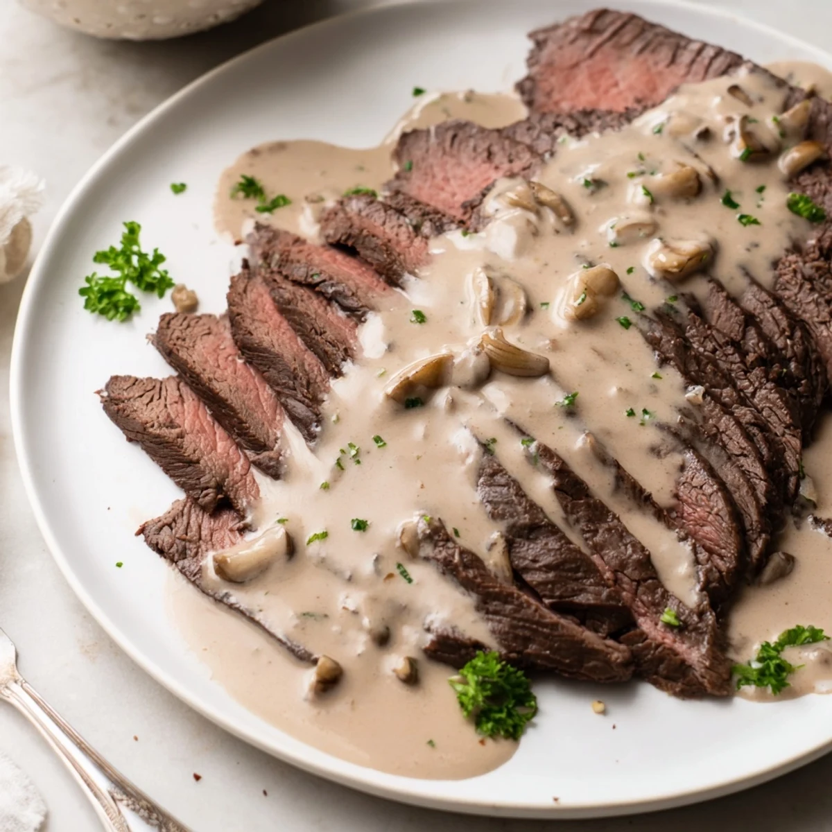 Sizzling flank steak resting before being sliced thin for serving with velvety roasted garlic sauce.